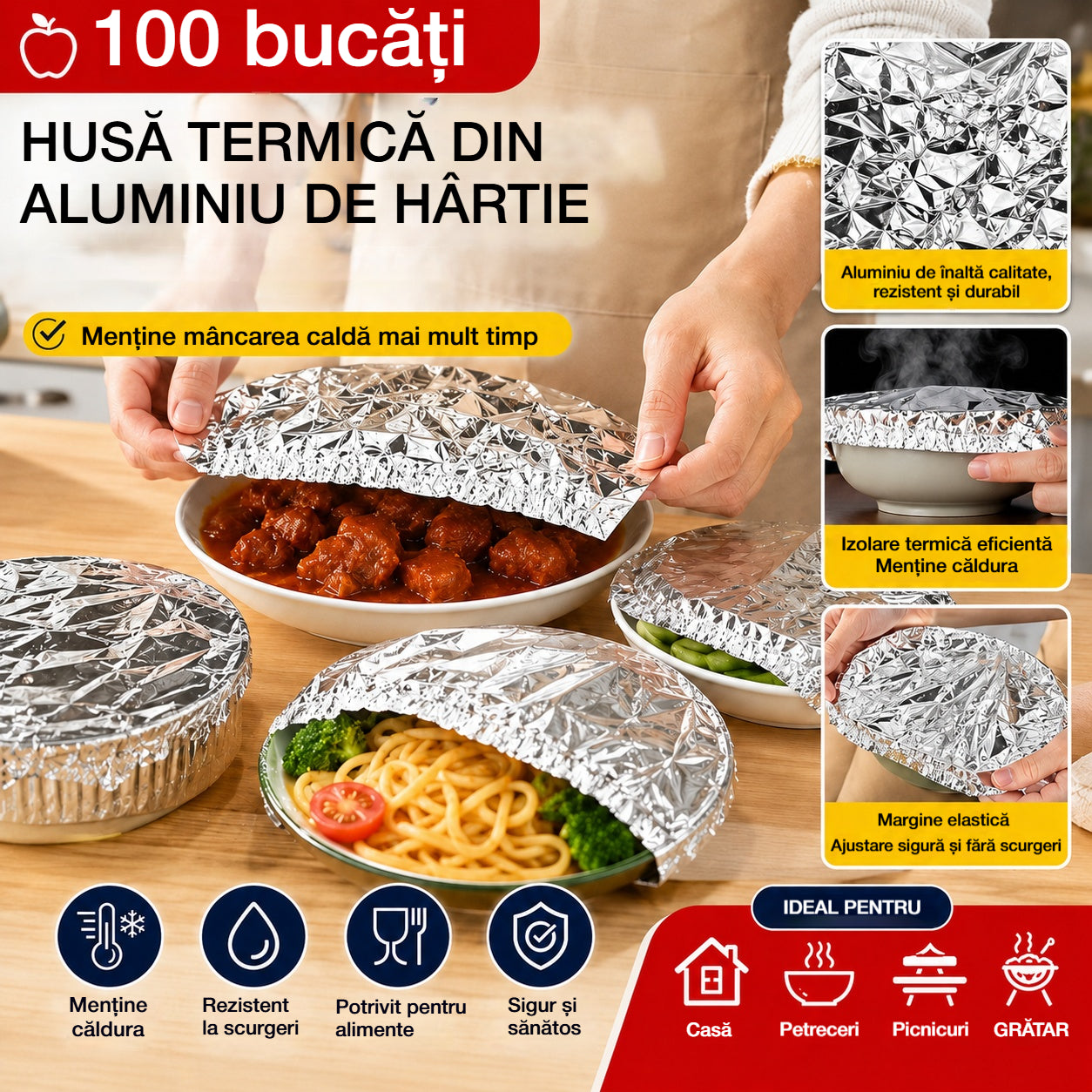 🍽️Noua husă termică pentru mâncare ⏰ Folie de aluminiu rezistentă pentru acoperirea vaselor, ideală pentru mesele zilnice