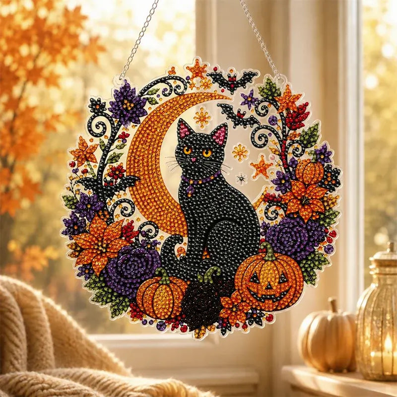 Decor Halloween fereastră DIY tablou cu diamante, 4 modele vesele, dimensiune 25×25 cm