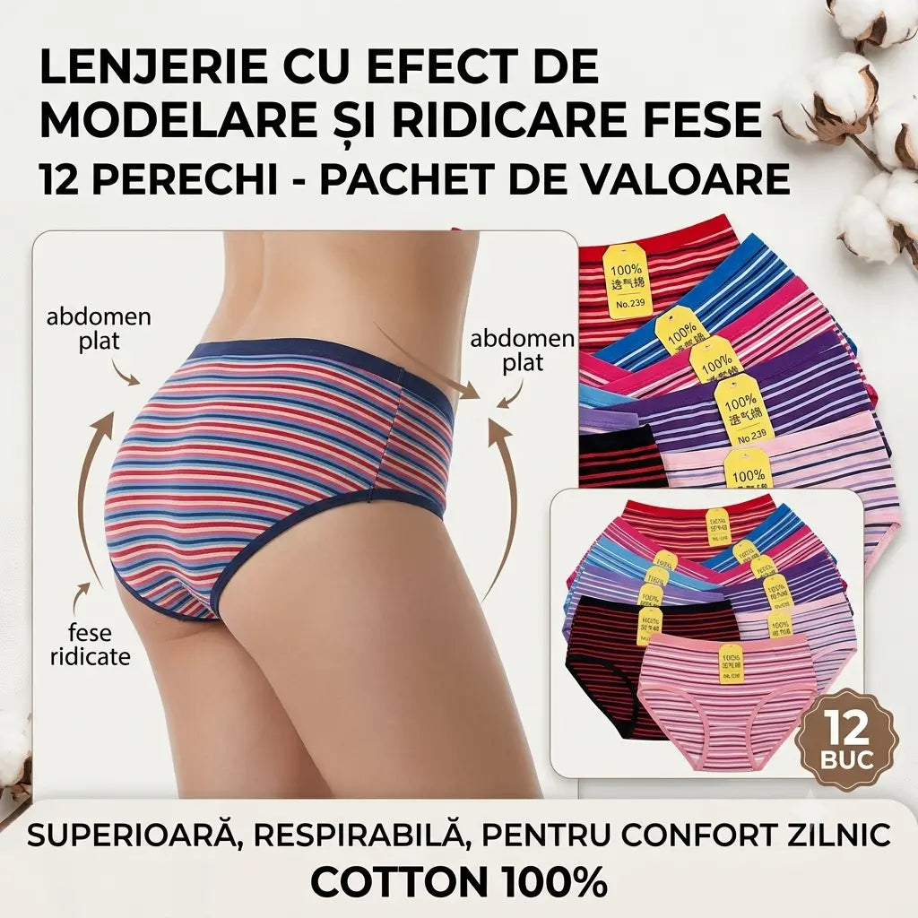 💥【Pachet de 12】 Lenjerie de corp din bumbac cu dungi cu talie înaltă nou stil😍 【65-105 kg】