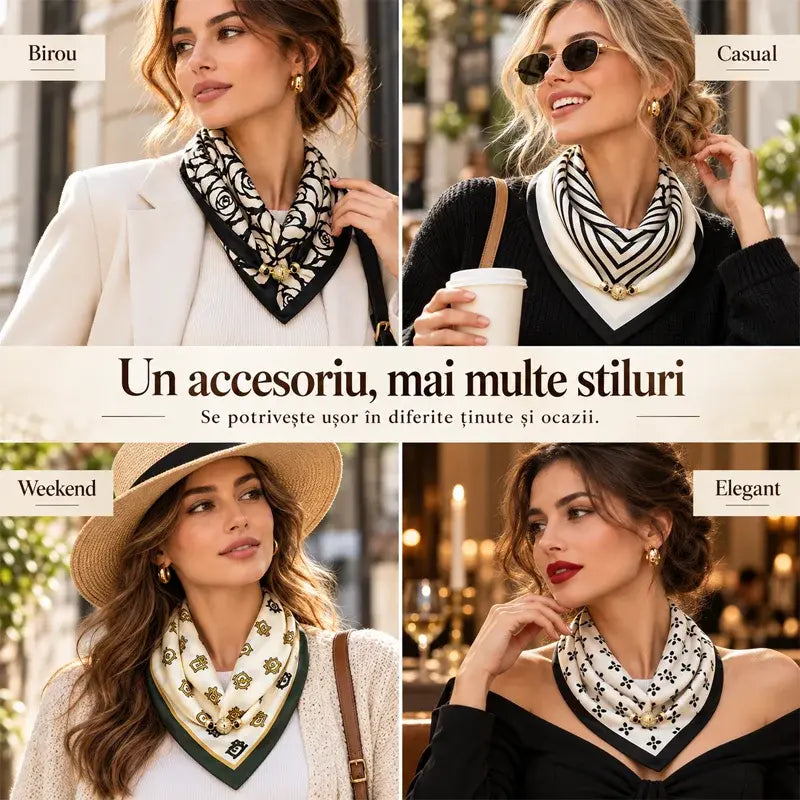 🧣 Set 4 Eșarfe Triunghiulare cu Închidere Magnetică · Purtare Rapidă Fără Noduri · Material Moale Călduros · Versatilitate Maximă!