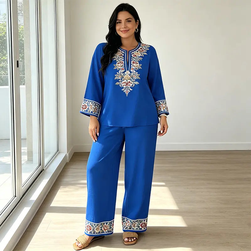 Costum de Vară din In Dama de 2 Piese, Bluza Lejeră cu Imprimeu Floral și Pantaloni Largi, Material Moale, Respirabil și Prietenos cu Pielea