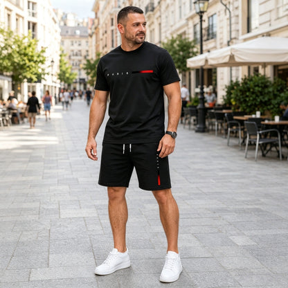 ✨【Plata la livrare】Set sport de vară pentru bărbați, format din 2 piese - tricou confortabil cu mânecă scurtă și pantaloni scurți pentru purtare zilnică și relaxare acasă