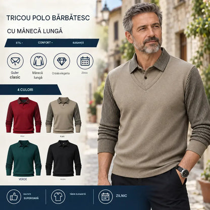 【M-4XL】 👔 Tricou Polo Bărbătesc cu Mânecă Lungă "2 în 1" · Căptușit și Călduros · Design Elegant cu Guler Clasicsi Mâneci cu Dungi · Stil Casual & Business!
