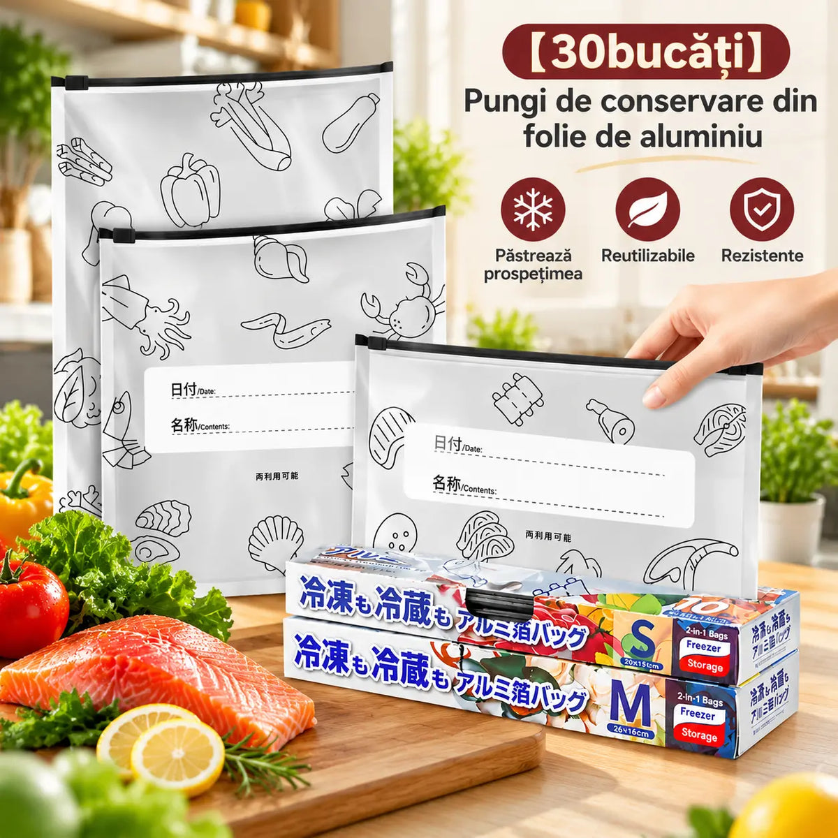 🥩【30bucăți】Pungă sigilată din folie de aluminiu cu fermoar, pentru păstrarea prospețimii, pentru uz casnic la frigider de calitate alimentară
