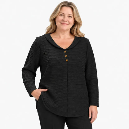 🔥【XL–5XL】🎁💖 Tricou damă cu croială lejeră, textură plisată și guler rotund tip Peter Pan, cu nasturi