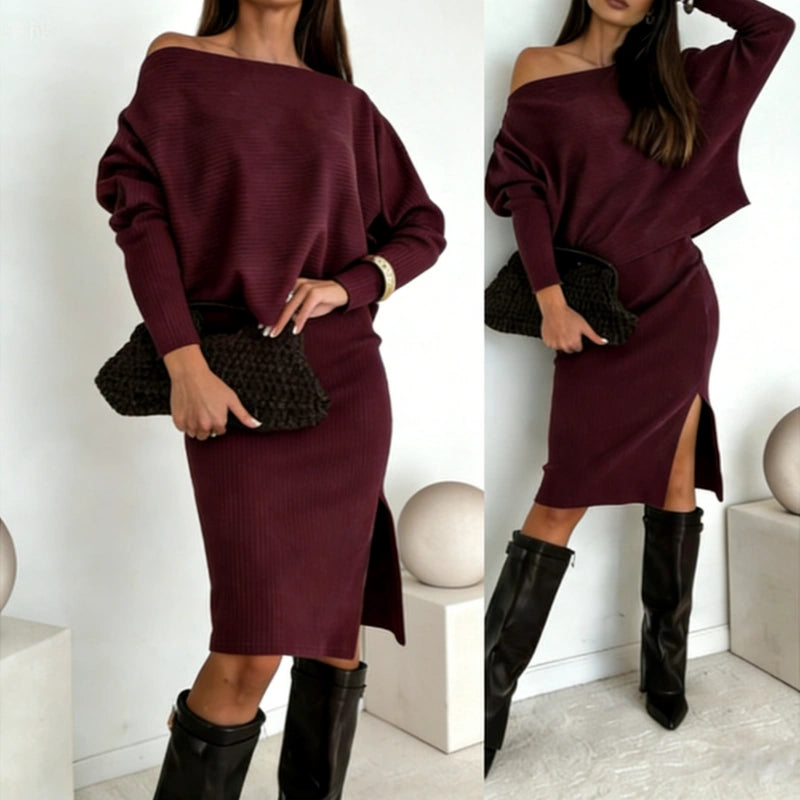 ✨【Top + Falda】 Conjunto de punto hombro inclinado para mujer, manga murciélago y falda abierta, ideal para primavera