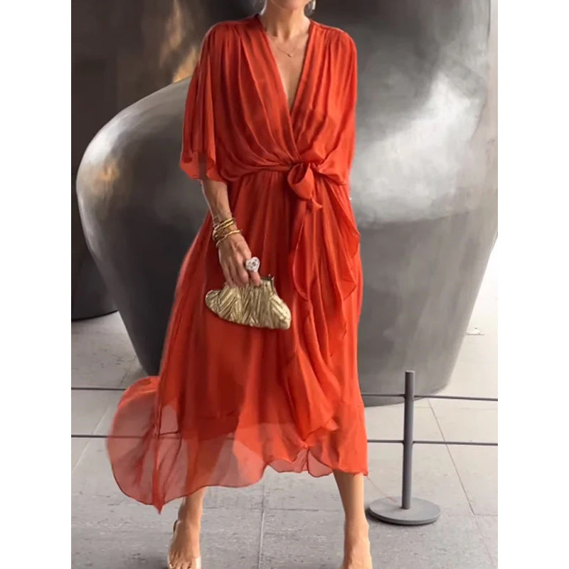 💟【S-5XL】 👗 Дълга шифонена рокля с ръкави тип „прилеп“, предлага се в различни цветове