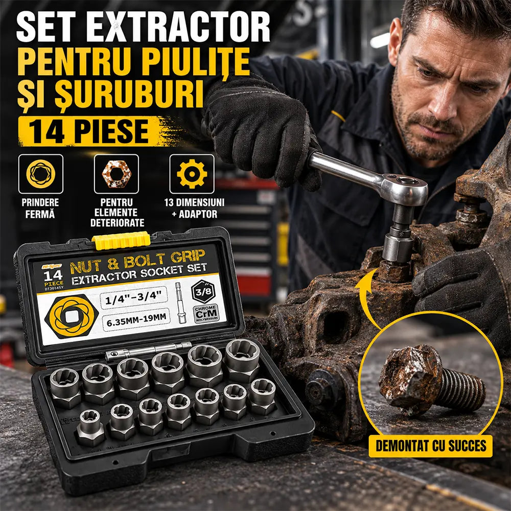 🛠️ Soluția Profesională pentru Șuruburi Blocate! Set Extractor de Piulițe și Șuruburi Deteriorate (14 Piese)! Oțel CrMo Ultra-Rezistent · Profil Anti-Alunecare · Cu Cutie de Transport!