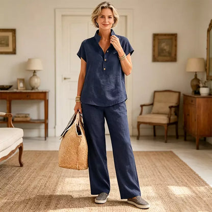 Set de Damă din In și Bumbac – Bluză cu Mânecă Scurtă și Pantaloni Largi, Stil Casual Elegant de Vară