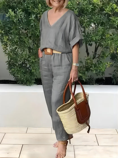 Compleu Damă Elegant din In și Bumbac: Bluză Lejeră în V și Pantaloni Lungi, Material Moale, Respirabil și Răcoros