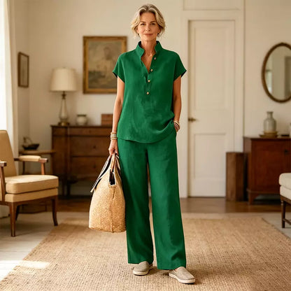 Set de Damă din In și Bumbac – Bluză cu Mânecă Scurtă și Pantaloni Largi, Stil Casual Elegant de Vară