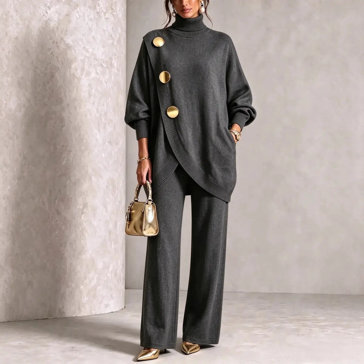 💕 【Top + pantaloni】Set elegant pentru femei: bluză cu guler înalt și pantaloni cu croială largă