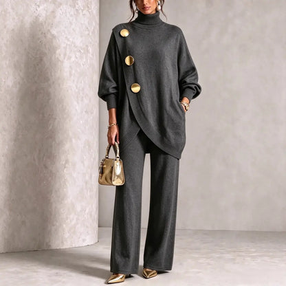 💕 【Top + pantaloni】Set elegant pentru femei: bluză cu guler înalt și pantaloni cu croială largă