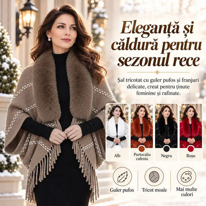 ✨ Șal Tricotat de Iarnă cu Guler Pufos și Franjuri Elegante · Poncho Cardigan Relaxat și Călduros pentru Femei!