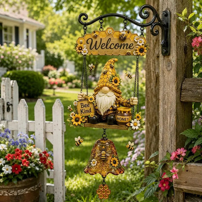 Clopoțel de Bun Venit cu Pitic de Grădină, Plăcuță „Welcome”, Clopoțel Retro din Bronz, Suport de Perete din Fier, Decorațiune Curte și Terasă