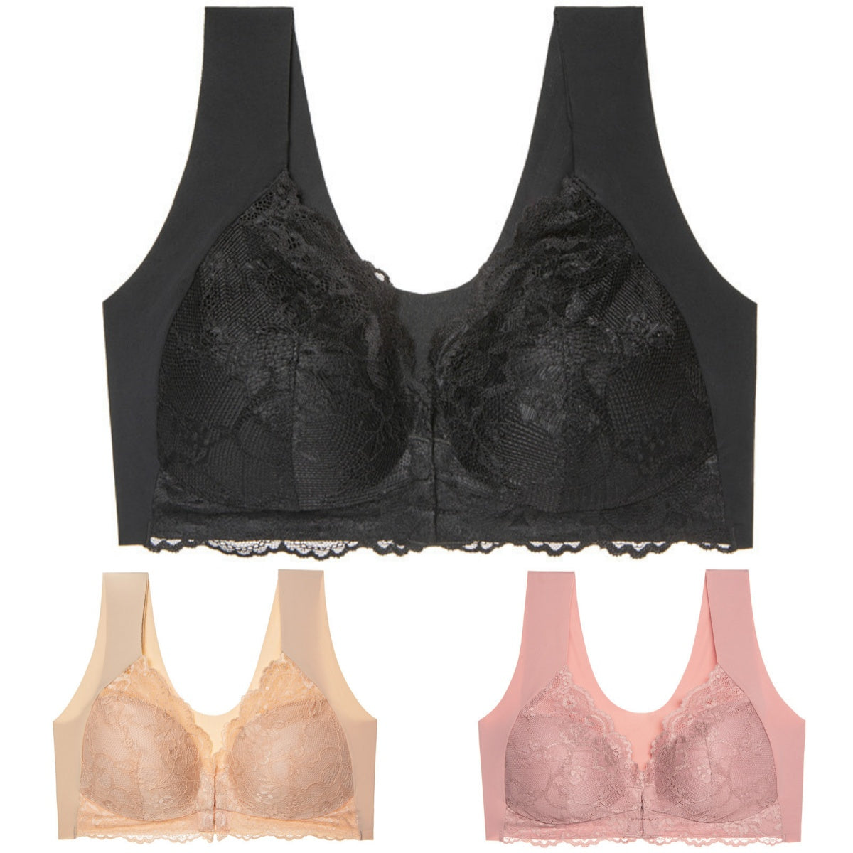 ✨【Set din 3 piese】Sutien sexy pentru mărimi mari, fără armătură, cu închidere în față și un design superb la spate.