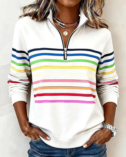 😀👗 Sudadera de moda con rayas arcoíris y cuello con media cremallera.