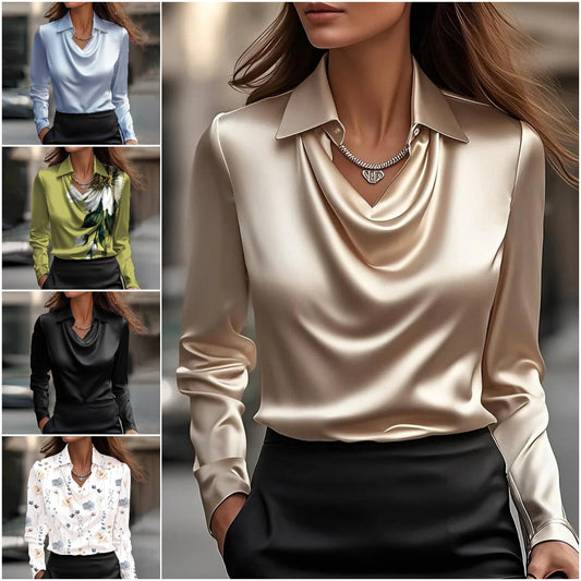 🔥【40-100KG】✨Camisa de mujer con estampado y cuello en color liso