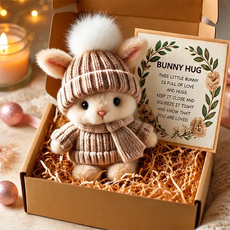 🐰 Iepuraș de pluș adorabil cu căciuliță și pulover tricotat, cadou perfect în cutie elegantă 🎁
