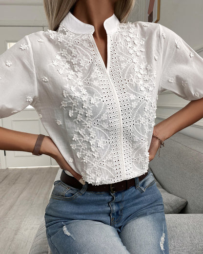 💐👏【Bestseller】【S-2XL】Elegancka bluzka damska w kwiatowy wzór z okrągłym otwarciem i haftem z pół rękawem-3922485
