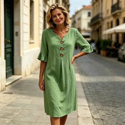 【S-3XL】Rochie de damă din bumbac și in, cu mâneci bufante și nasturi