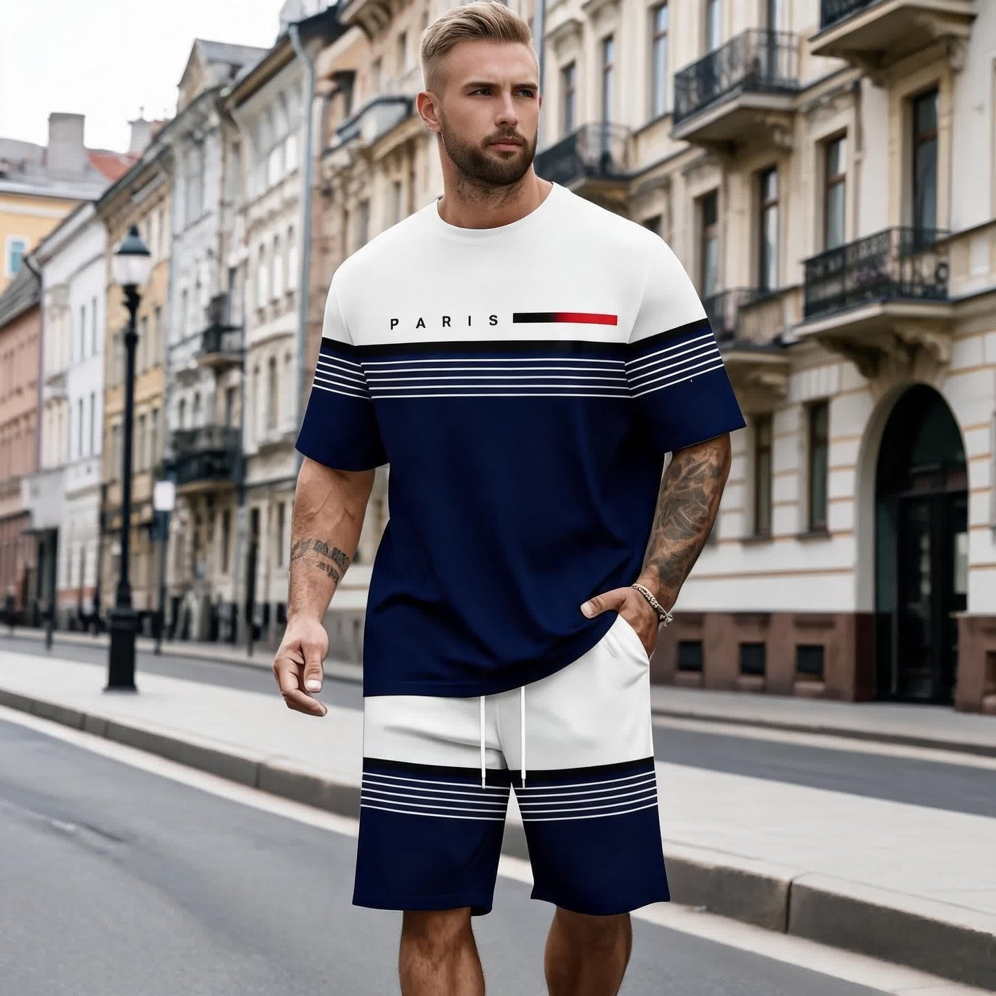 【S–5XL】Set bărbătesc casual și confortabil, format din tricou și pantaloni scurți cu mânecă scurtă, cu imprimeu cu litere.