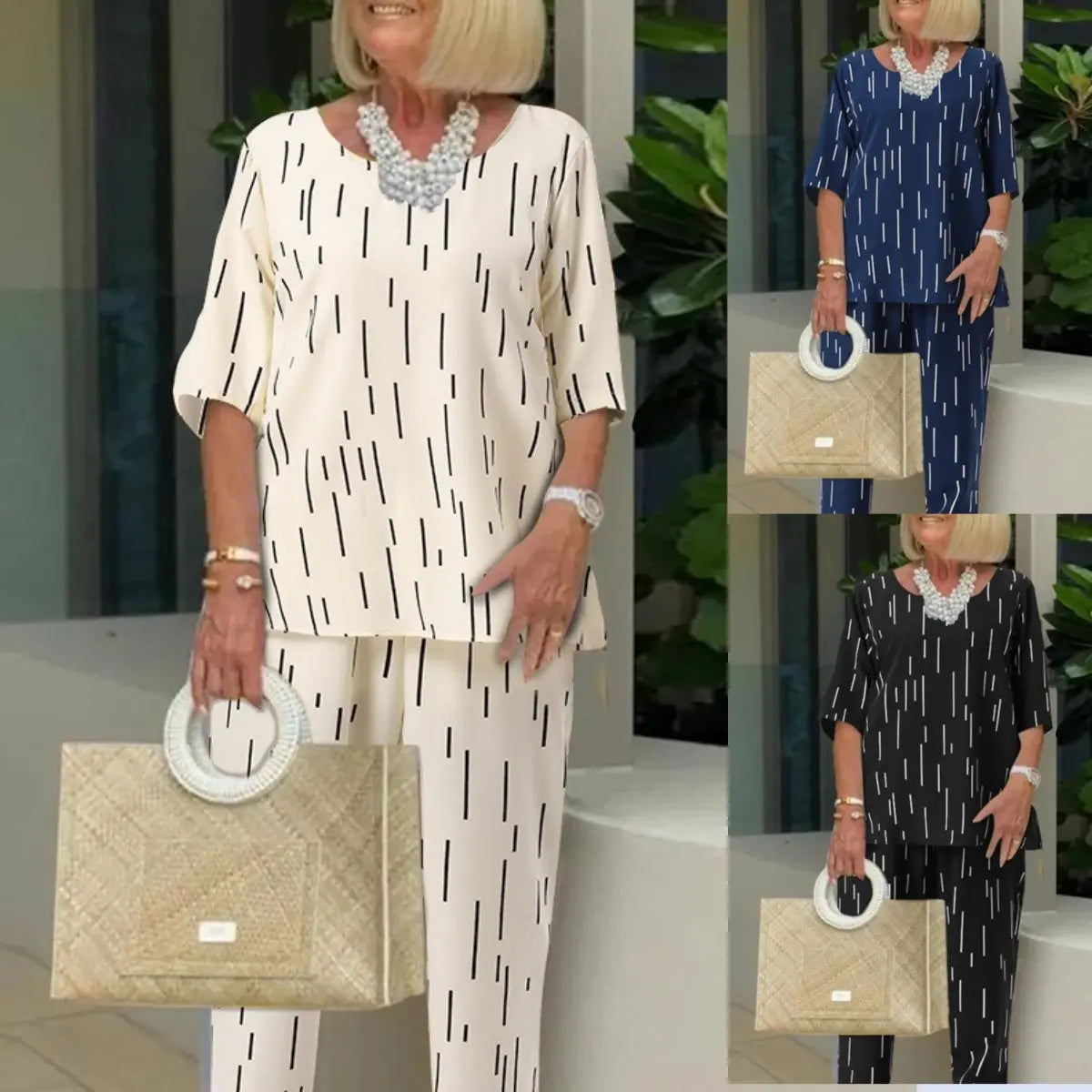 💥🔥【Top + pantaloni】【40-110kg】primăvară și vară, noua modă, cu gât rotund, mânecă cinci sferturi, set liber din două piese