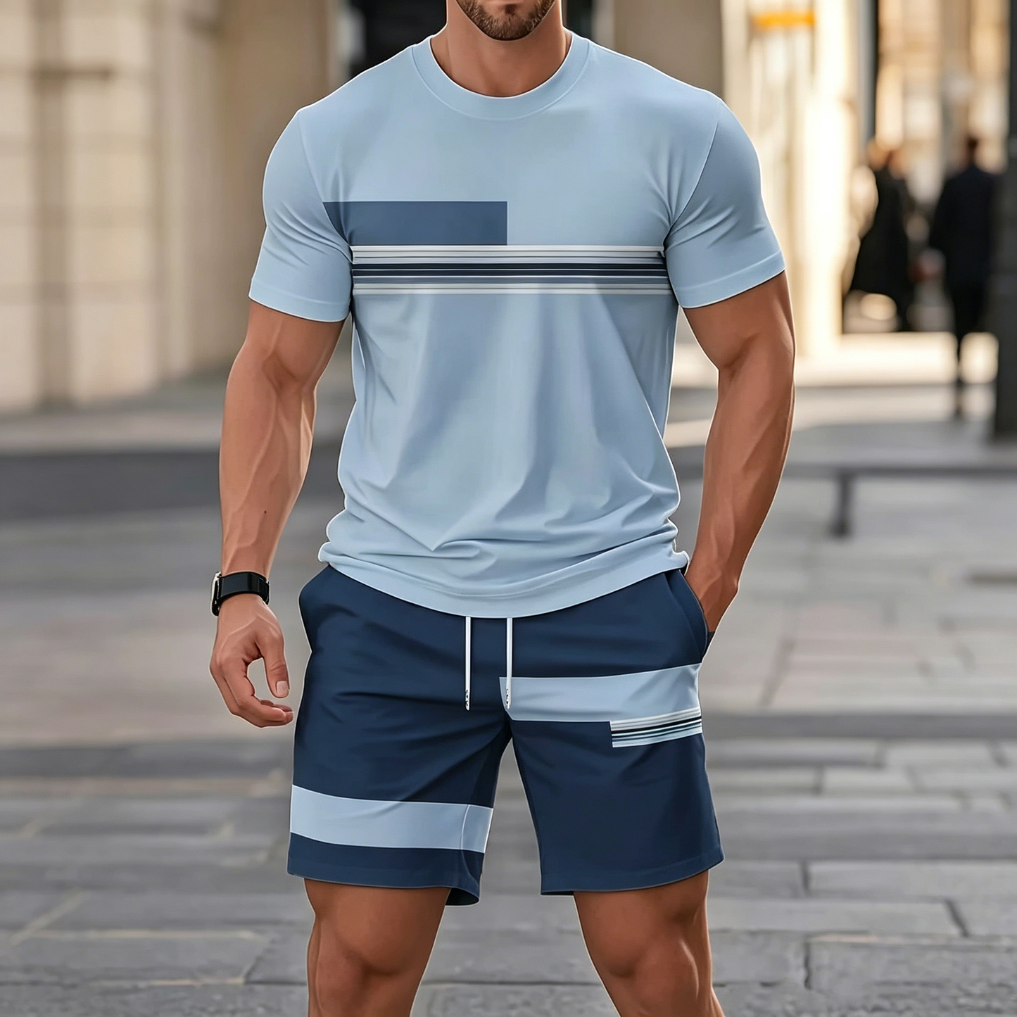✨【Plata la livrare】Set sport de vară pentru bărbați, format din 2 piese - tricou confortabil cu mânecă scurtă și pantaloni scurți pentru purtare zilnică și relaxare acasă.