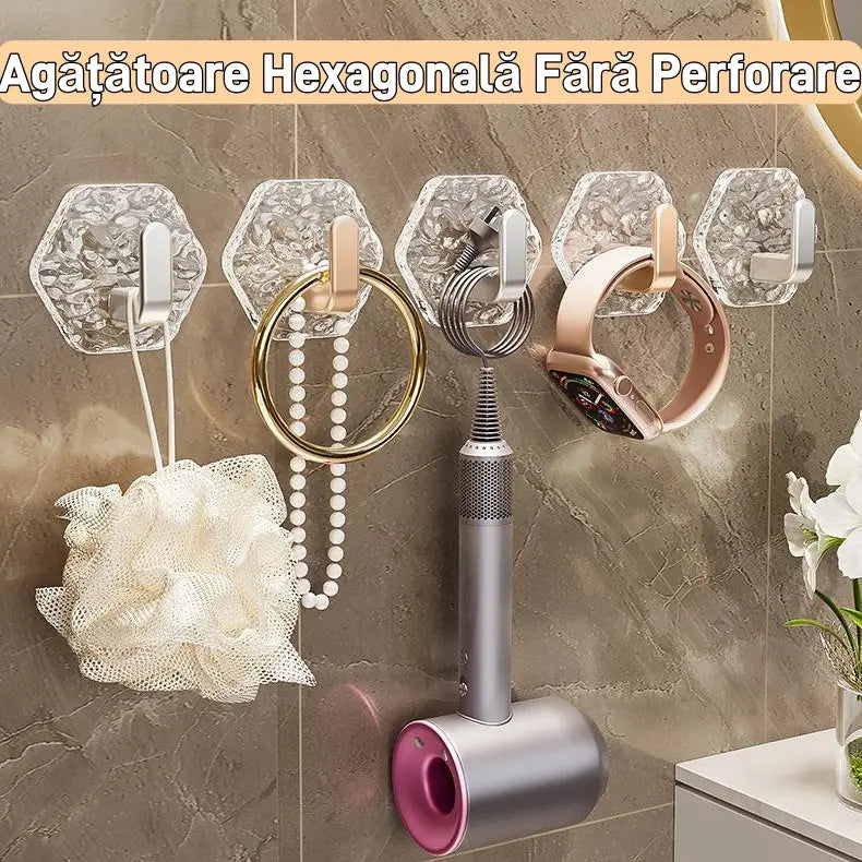 💥🏆【10 Buc】Agățătoare Hexagonală Fără Perforare.💎 Design Elegant cu Textură Iceberg – Lipire Ușoară, Suport Puternic, Fără Urme 🛁