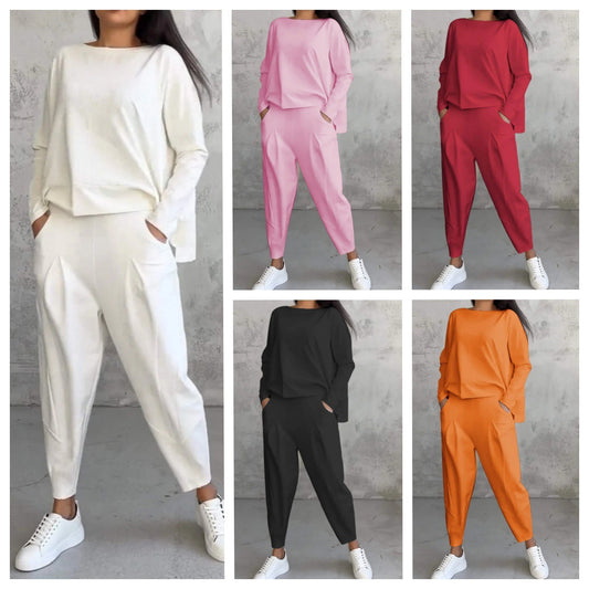 💥Promocja czasowa 50%💖 Zestaw z długim rękawem, bluzka z okrągłym dekoltem i długie spodnie-3996703