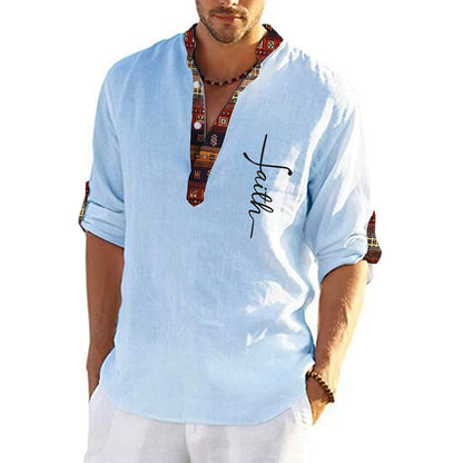 🔥Hot sale en España🔥Camisa hombre lino algodón estampada cuello pico✅️【Pago contra entrega】