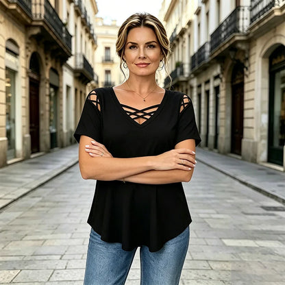 Tricou din bumbac 100% cu decolteu în V, design încrucișat și decupaje｜modern și respirabil