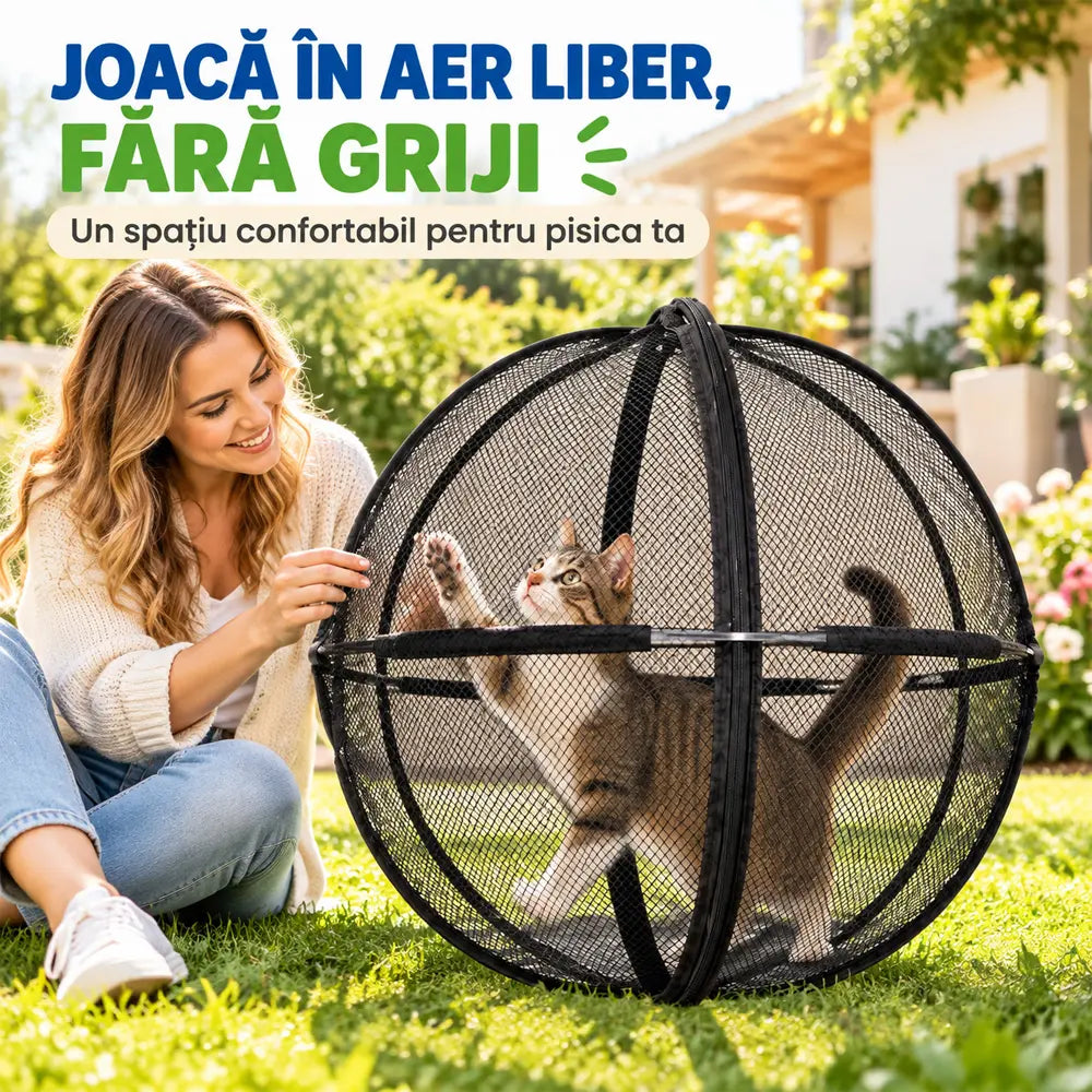 🐱 Cort Sferic Pliabil cu Plasă Respirabilă pentru Pisici · Protecție 360° · Spațiu Sigur de Joacă Interior și Exterior!