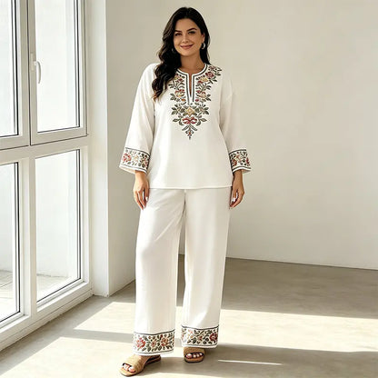 Costum de Vară din In Dama de 2 Piese, Bluza Lejeră cu Imprimeu Floral și Pantaloni Largi, Material Moale, Respirabil și Prietenos cu Pielea