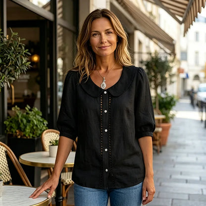 Cămașă de Vară Dama cu Guler Peter Pan și Detalii Dantelate, Bluză Elegantă cu Mânecă Trei Sferturi, Top Casual Textură Tip In