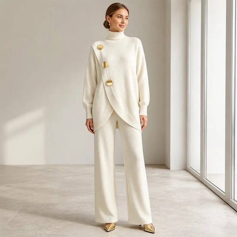 💕 【Top + pantaloni】Set elegant pentru femei: bluză cu guler înalt și pantaloni cu croială largă