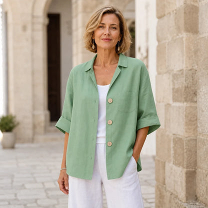 【Noutate Vară 2026】Cămașă Cardigan din In și Bumbac în Stil Retro European, Bluză Lejeră și Respirabilă cu Mânecă Scurtă, 6 Culori (S-5XL)! 🌿☀️