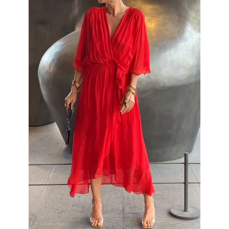 💟【S-5XL】 👗 Дълга шифонена рокля с ръкави тип „прилеп“, предлага се в различни цветове