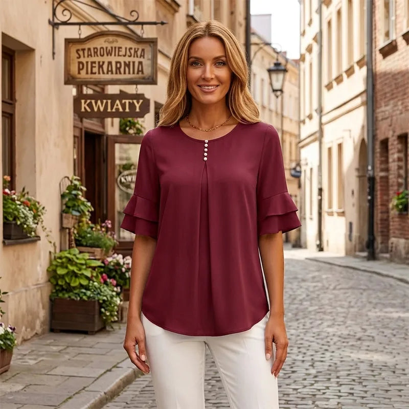 Bluză Elegantă din Chifon cu Mâneci cu Volane pentru Femei | Cămașă Casual de Birou cu Nasturi Decorativi, Croială Lejeră și Vaporoasă