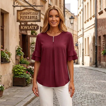 Bluză Elegantă din Chifon cu Mâneci cu Volane pentru Femei | Cămașă Casual de Birou cu Nasturi Decorativi, Croială Lejeră și Vaporoasă