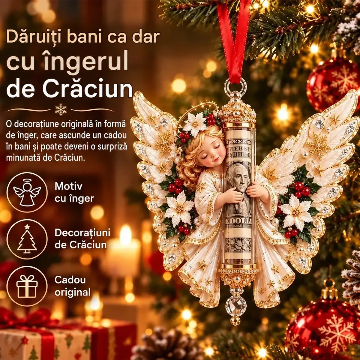 🎁 Set din 5 piese, la prețul de 159 lei ✨ Decorațiuni de Crăciun cu îngerași (pot fi folosite și ca ambalaj sau suport pentru cadouri în bani)