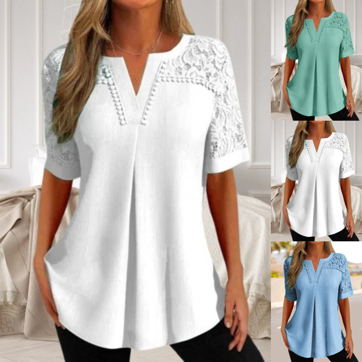 Tricou damă din dantelă, mânecă scurtă, model nou 2026