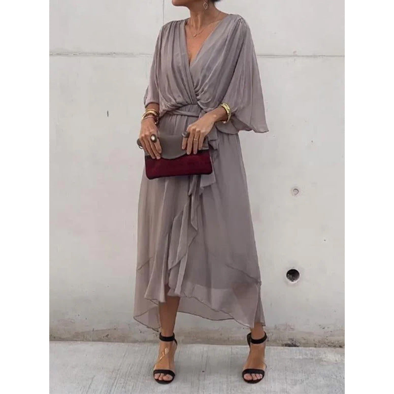💟【S-5XL】 👗 Дълга шифонена рокля с ръкави тип „прилеп“, предлага се в различни цветове