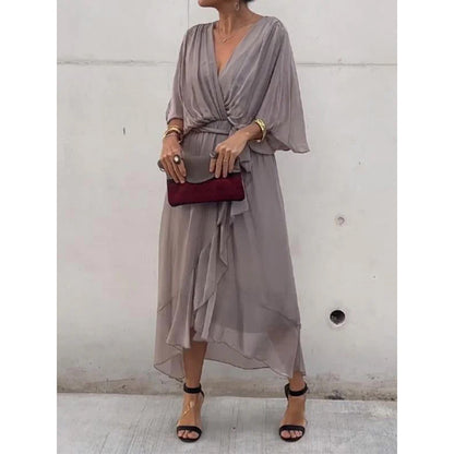 💟【S-5XL】 👗 Дълга шифонена рокля с ръкави тип „прилеп“, предлага се в различни цветове