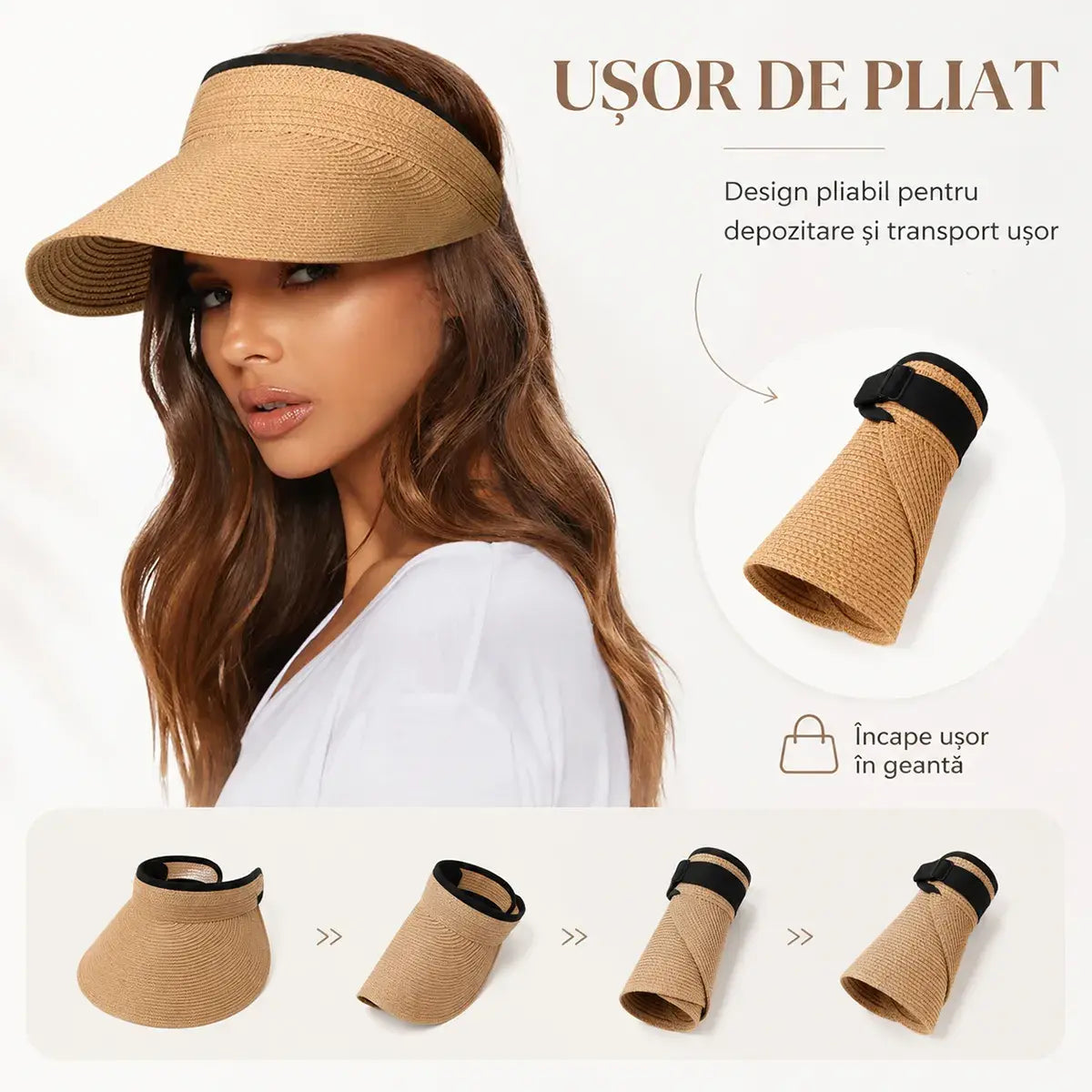 Pălărie de Soare din Paie Fără Crestet pentru Femei – Vizieră Elegantă de Plajă cu Protecție UV, Respirabilă și Pliabilă pentru Vară