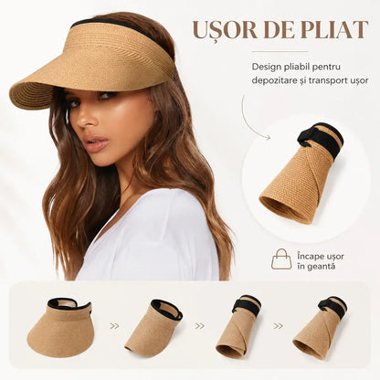 Pălărie de Soare din Paie Fără Crestet pentru Femei – Vizieră Elegantă de Plajă cu Protecție UV, Respirabilă și Pliabilă pentru Vară