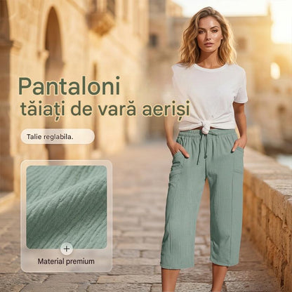 Pantaloni trei sferturi plisați pentru damă – din bumbac și in, culoare solidă