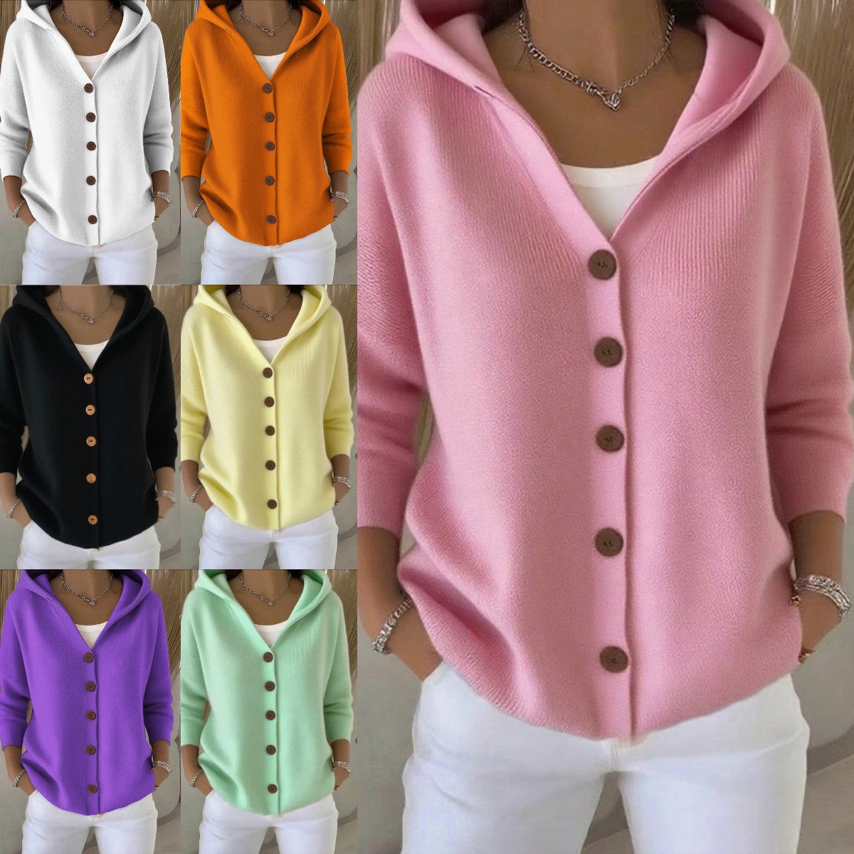 🔥【Gorąca wyprzedaż】Nowy kardigan z kapturem z dzianiny w jednolitym kolorze na jesień i zimę 2025