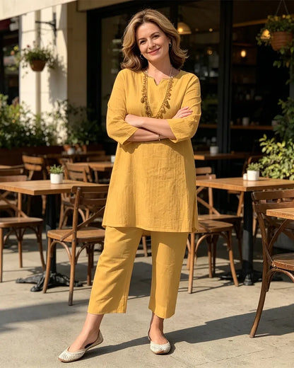 🔥【40-100kg】Vara noua moda culoare solidă temperament naveta stil etnic haine cu mâneci lungi costum din două piese