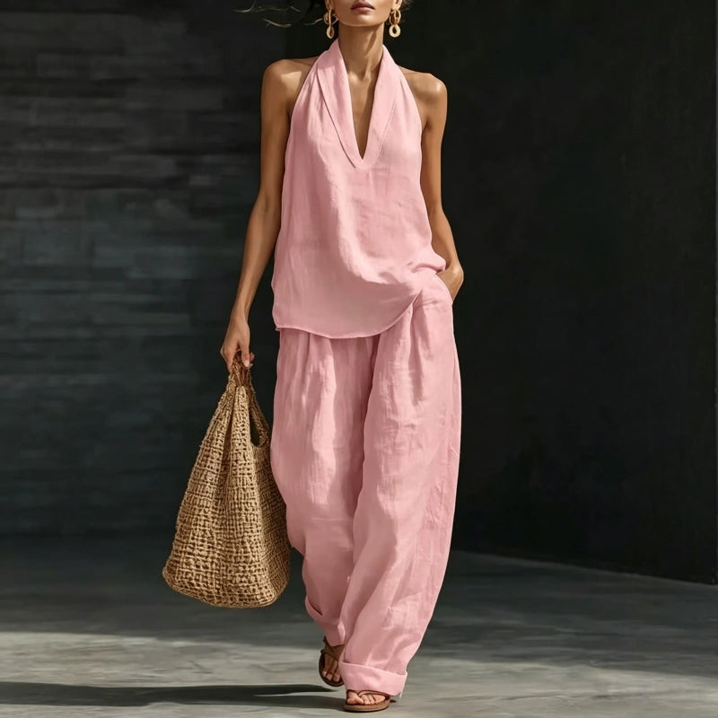 【S-5XL】💥Set casual pentru femei, top cu decolteu în V + pantaloni largi